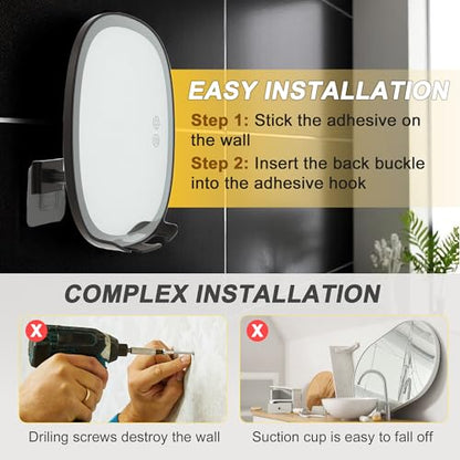 VOCOSTE Shower Mirror Fogless for Shaving with Light 360° Rotation, Black | Rechargeable Heated Anti-Fog Mirror, 3 Colors Lights, Dimmable Brightness, 14Days Runtime, 2 Razor Holders, No-drill Setup