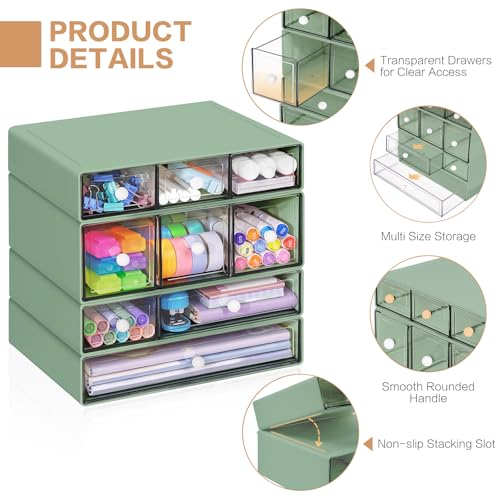 Desk Storage Organizer with 9 Drawers, 4 Tiers Stackable Desktop Craft Storage Drawers, Clear Storage Box Caddy for Stationary Makeup Jewelry Office Craft Supplies (Green)