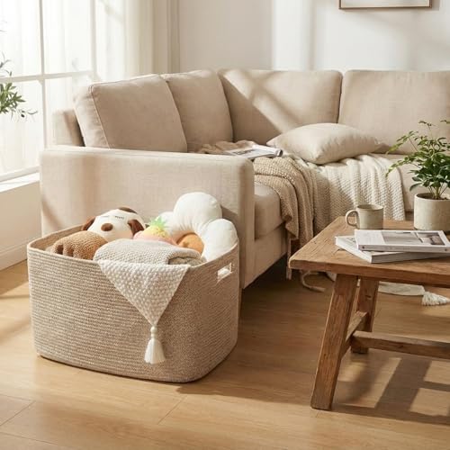 65L Large Woven Cotton Rope Blanket Basket, Oatmeal | Blanket Storage for Living Room or Bedroom Use, Freestanding with Reinforced Handles, Entire Basket is Machine Washable