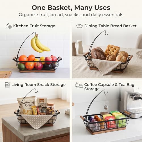 Rectangular Fruit Basket with Banana Hanger,Metal Wire Fruits Bowl with Wooden Base,Kitchen Table Organizer,Black Fruit Bowl for Kitchen Counter,Vegetable Bowls for Fruits, Veggies, Snacks.