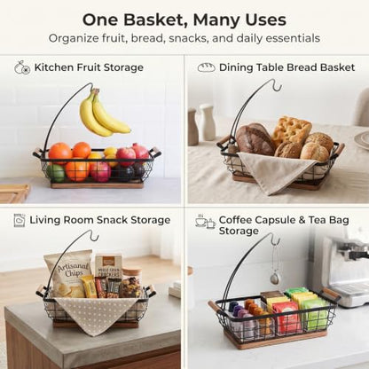 Rectangular Fruit Basket with Banana Hanger,Metal Wire Fruits Bowl with Wooden Base,Kitchen Table Organizer,Black Fruit Bowl for Kitchen Counter,Vegetable Bowls for Fruits, Veggies, Snacks.