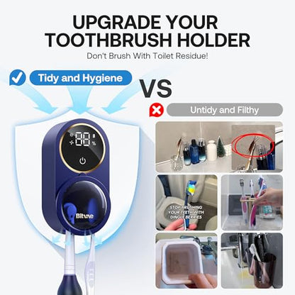 Bitvae Upgraded Tooth Brush Holder for Bathroom 2.0 Infrared Sensing | Toothbrush Cleaner, Wall-Mounted for Most Size Toothbrushes, Air Drying, LED Smart Screen, Navy Blue