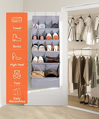 FENTEC 1 Pack Over-the-Door-Shoe-Organizers,Hanging Organizers with Large Pocket Shoe Holder Hanging Shoe Rack for Closet Shoe Organizer for Wall, Over Door Organizer with 15 Pockets Gray