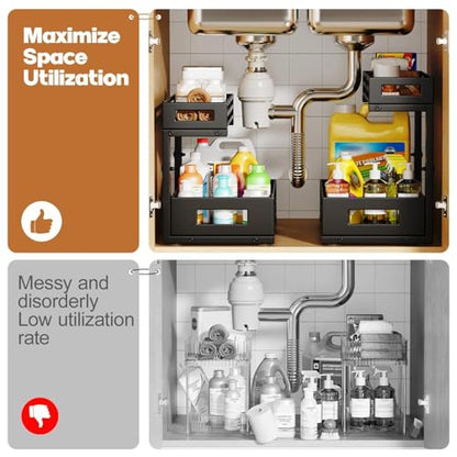 2-Pack Under Sink Organizer and Storage,2-Tier L Shape Pull Out Cabinet Organizer With Round Tube Slide Rails,Hight Adjustable Slide Out Drawers for Kitchen&Bathroom,Multi-Purpose Shelf-Black