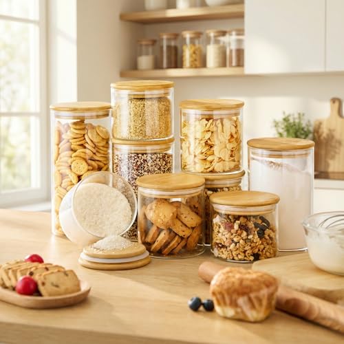32 oz Round Glass Food Storage Containers with Airtight Bamboo Lids, 4 Pack | Stackable Pantry Jar for Flour, Sugar & Rice, Durable Borosilicate Glass Canister Keep Food Dry & Fresh, Easy to Fill & Clean