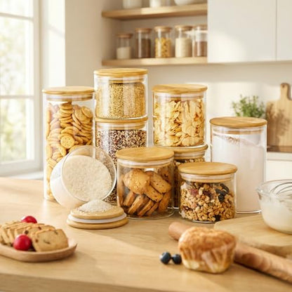 32 oz Round Glass Food Storage Containers with Airtight Bamboo Lids, 4 Pack | Stackable Pantry Jar for Flour, Sugar & Rice, Durable Borosilicate Glass Canister Keep Food Dry & Fresh, Easy to Fill & Clean