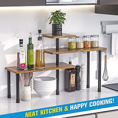 JayRex Kitchen Countertop Organizer 3-Tier Corner Shelf, Rustic Brown | Space-saving corner design organizes spices, skincare and toiletries on kitchen and bathroom counters.