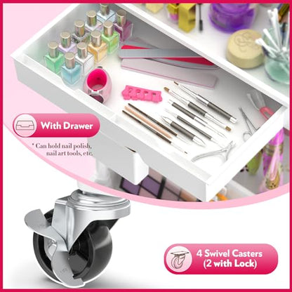 SUNALLY Makeup Cart Organizer with Drawer,3 Tier Rolling Makeup Cart, White | Rolling Vanity Storage for Skin Care Perfume Nail Polish, Floor Skincare Organizers Cosmetics Display Bathroom Storage Cart