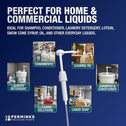5 Gallon Pump Dispenser - Pump for 5 Gallon Bucket, Jug, Bottle, Large Container - Great for Shampoo & Conditioner, Laundry Detergent, Snow Cone Syrup, Bleach Liquid, Oil & More (Pack of 2)