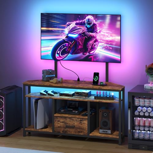 Corner TV Stand with Drawer, Entertainment Center with Adjustable Mount, Console Table with LED Light and Charging Station, Supports Up to 75-Inch TV, Rustic Brown and Black TDS05UDBF