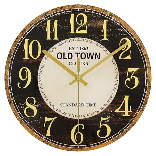 Waterproof Outdoor Wall Clock 12in Silent Patio Pool Black Gold Decor | WISKALON Glass Retro Vintage Battery Operated Non-Ticking Quartz Analog For Room Office