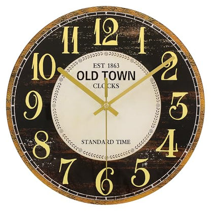 Waterproof Outdoor Wall Clock 12in Silent Patio Pool Black Gold Decor | WISKALON Glass Retro Vintage Battery Operated Non-Ticking Quartz Analog For Room Office