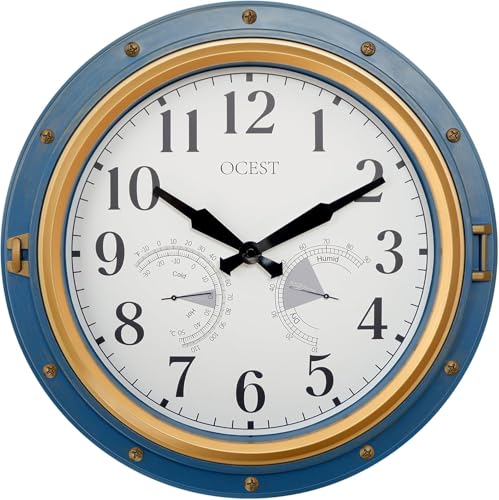 16 Inch Waterproof Outdoor Wall Clock, Thermometer Hygrometer | Silent non-ticking movement, battery powered, blue easy-read dial for patio, porch, garden, kitchen, and home decor