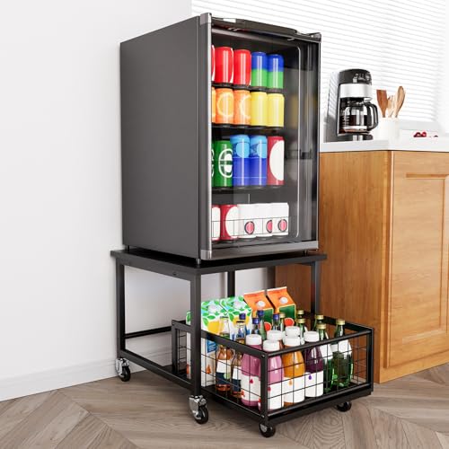 Mini Fridge Stand with Storage, 19.7" W x 19.7" D... (Black | Metal)
