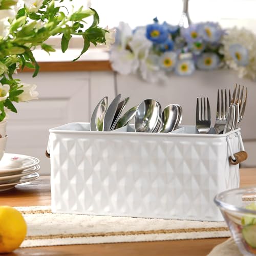 White Silverware Caddy for Party, Kitchen Flatware Holder | Metal Countertop Cutlery Organizer with 3 Compartments for Utensils, Spoons, Knives, Forks, Cups