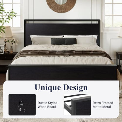 Allewie Queen Size Bed Frame, Heavy Duty 12 Metal Slats Support, Black Oak