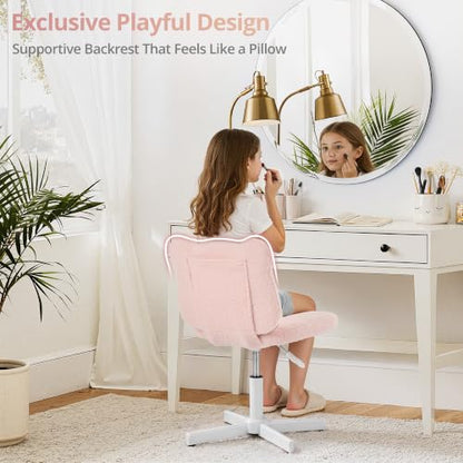 LUE BONA Cute Bear Ear Vanity Chair for Teen Girls - Height Adjustable 13.8"-18.9" Swivel Stool with Back Support, Teddy Velvet Makeup Ottoman, 300lbs, Light Pink