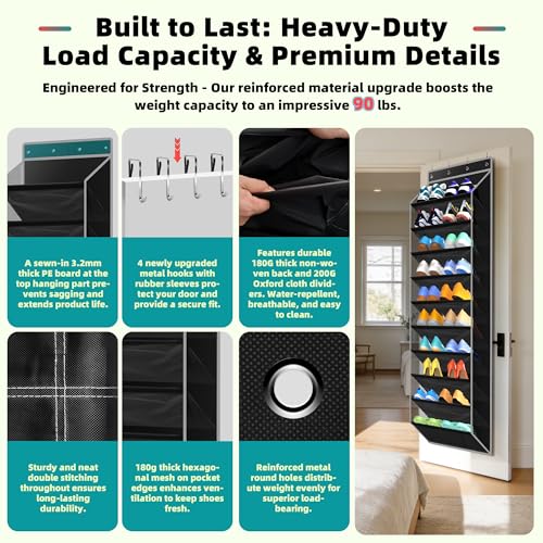 PAULONE 10-Pocket Multi-Use Over the Door Organizer, Heavy Duty 95lbs Capacity with Breathable Mesh, Versatile Hanging Storage for Shoes, Toys, Office Supplies-Classic (Black, 10-Shelf,)