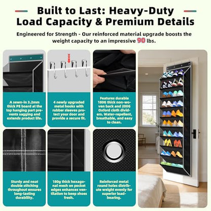 PAULONE 10-Pocket Multi-Use Over the Door Organizer, Heavy Duty 95lbs Capacity with Breathable Mesh, Versatile Hanging Storage for Shoes, Toys, Office Supplies-Classic (Black, 10-Shelf,)