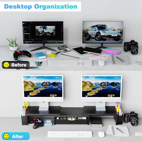 Dual Monitor Stand Riser with Drawer and 2 Pen Holders | Monitor Riser Desk Organizers and Accessories,Desk Accessories & Workspace Desktop Organizers for Office Supplies (Black)