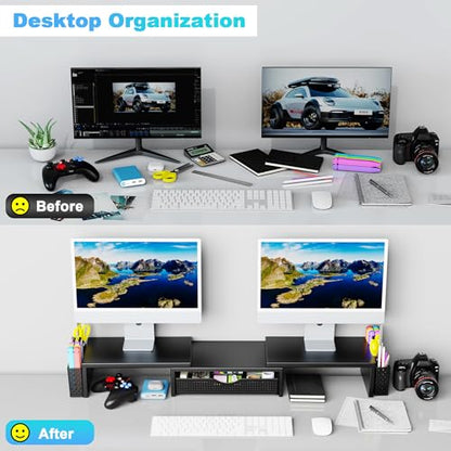Dual Monitor Stand Riser with Drawer and 2 Pen Holders | Monitor Riser Desk Organizers and Accessories,Desk Accessories & Workspace Desktop Organizers for Office Supplies (Black)