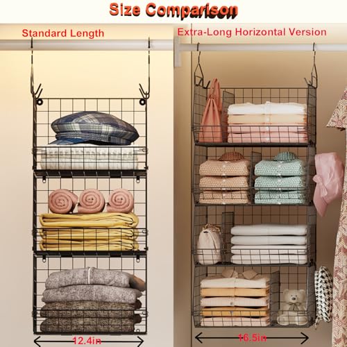 4 Tier Hanging Closet Organizer with Dividers,Extra Large Storage Hanging Shelf with 5 S Hooks 4 Dividers,Hang on Wire Closet Shelving Clothes Organizer-Black