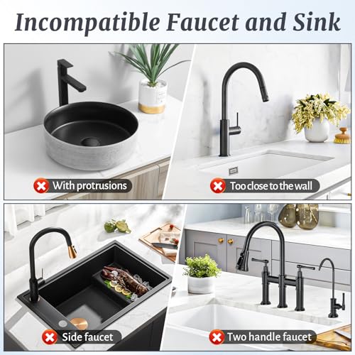 PoYang 24 Inch Faucet Mat for Kitchen Sink Splash Guard, Silicone, Black | Sink Protectors with 7° Slope for Smooth Drainage, Snap Button Holds It in Place, 90° Foldable & Cuttable Hole Fit Most Sinks