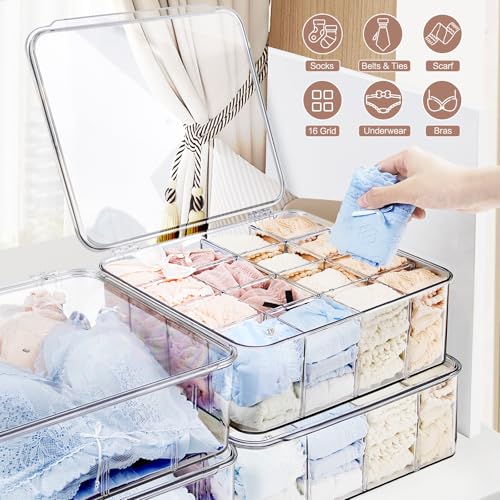 Socks Underwear Drawer Organizer for Closet, 16 Compartment Removable Divided Plastic Clear Sock Storage Box with Lid, Underwear Storage Tie Organizer Box for Bra Socks Ties Scarf Tea Bag
