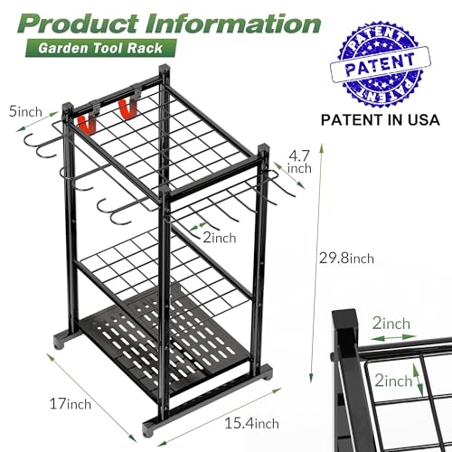 Garden Tool Organizer Rack Up to 50 Tools, Heavy-Duty Steel Yard Tool Organizer for Garage Storage with 11 Hooks, Broom Holder & Garden Tool Rack for Shed, Patio, Outdoor Use, Black