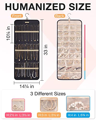 BAGSMART Hanging Jewelry Organizer Necklace/Earring/Ring 2-Sided L Black | Case Storage Bag for Necklace, Earrings, Rings
