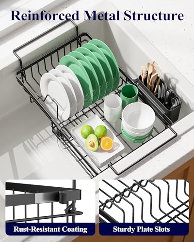 Kitsure Expandable in-Sink or Over-Sink Dish Drying Rack, Large, Black | Rust-Resistant Dish Rack for Kitchen Counter, Dish Drainer with Cutlery Holder, 10.82"-17.12" L x 11.02" W x 3.93" H