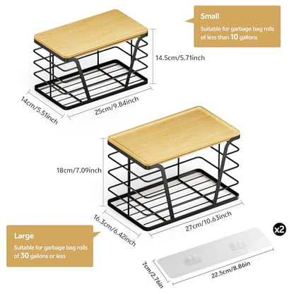 2 Pack Stackable Storage Laundry Kitchen Organizers, Wall Mount Trash Bag Holder with Bamboo Top and Garbage Bag Dispenser No Drill