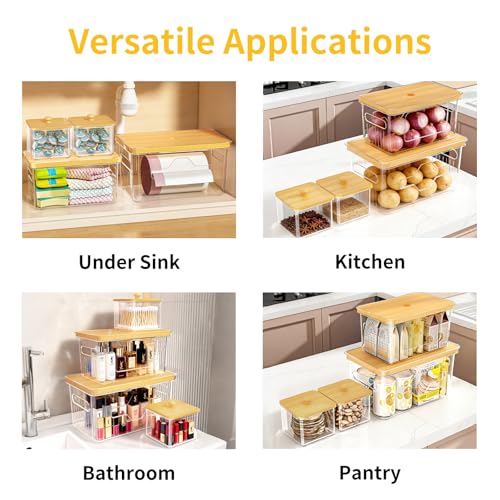 4 Pack Trash Bag Holder with Bamboo Lid, Stackable Garbage Bag Dispenser Under Sink, Storage Organizer for Kitchen, Laundry, Pantry (S+S+M+L)