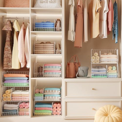 3 Tier Extra Large Closet Hanging Shelves with Divider, 16.5"L x 11.8"W x 33.6"H Closets Organizers and Storage with 5 S Hooks, Clothes Organizer for Sweaters Shoes Handbags Clutches Accessories-White