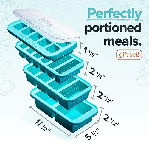 Souper Cubes Silicone Freezer Molds Gift Set, Aqua | 2 Tbsp, 1/2 Cup, 1 Cup and 2 Cup Silicone Molds for Food Set, Perfect for Freezing Soup, Grains, Proteins, Herbs and More