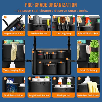 Trash Can Caddy Bag for 32-55 Gallon Garbage Bin, Hongmed Caddy for Commercial Cleaning Supplies, Multi-Pocket Utility Apron with Adjustable Straps, Heavy-Duty Nylon Organizer for Janitorial Duties