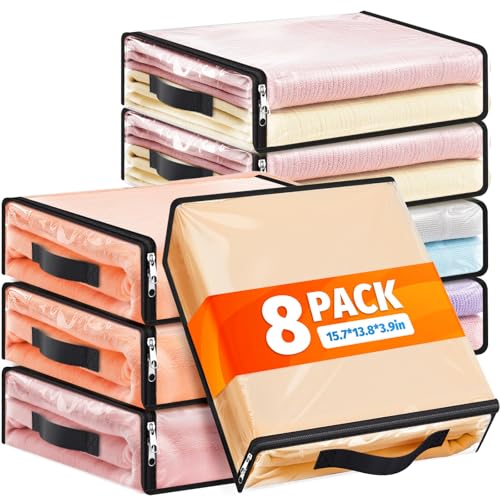 SpaceWhisper Clear Sheet Storage Bags, 8 Pack, 15.7 x 13.8 x 3.9 in | Sheet organizers and storage, zippered closure, thick plastic, reinforced handles, clothes, blankets, under-bed storage
