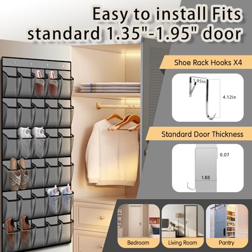 Kotkn Over the Door Shoe Organizer with 30 Breathable Mesh Pockets - Large Capacity Closet Storage for Men & Women, Hanging Shoe Rack Organizer (Gray)