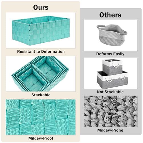 Storage Baskets with Lids: 6 Pack Stackable Woven Storage Bins, Aqua | Decorative Woven Baskets for Organizing with Built-In Handles for Shelves, Closets, Cabinets and Cubbies, Gift Small Basket