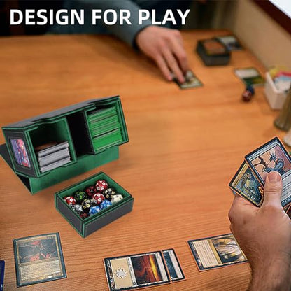 AFIING MTG Commander Card Storage Box - Fits 200 Double Sleeved Cards,3-in-1Card Deck Case,Strong Magnet Card Organizer For Magic Commander TCG CCG,4Dividers &2 Toploaders, Black/Green