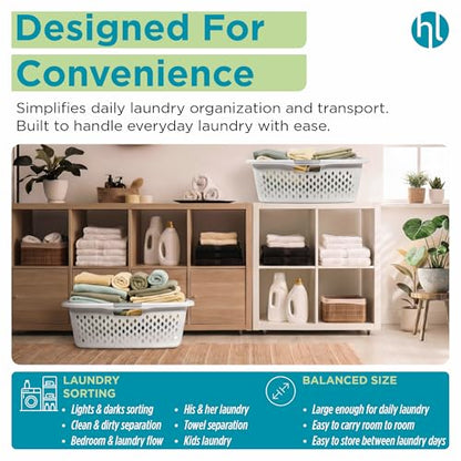 Home Logic 1.5 Bushel Plastic Laundry Basket Front Load, Large Laundry Hamper with Handles, Ventilated Clothes Organizer for Bedroom Bathroom Closet, 2 Pack, White