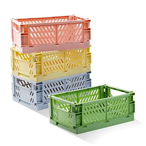 4 Pack Pastel Crates for Storage, Plastic Folding Basket, Colorful Small Storage Containers for Bedroom Office Classroom Bathroom Desktop Drawer Organizer Decor (9.8x6.5x3.8inch)