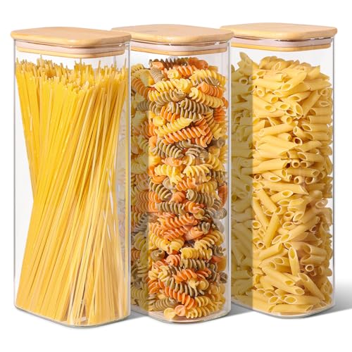 ComSaf Pasta Containers Storage 2.2 Qt, Set of 3 Tall Glass Spaghetti Jar