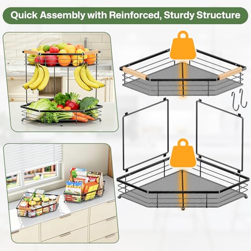 Fruit Basket for Kitchen Corner: Space-Saving 2-Tier | Sturdy Metal Fruit and Vegetable Stand Fits 90° Corners, Holds 12+ lbs, Frees 2 sq ft Counter Space