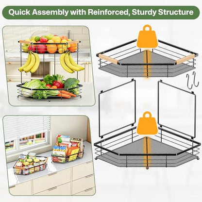 Fruit Basket for Kitchen Corner: Space-Saving 2-Tier | Sturdy Metal Fruit and Vegetable Stand Fits 90° Corners, Holds 12+ lbs, Frees 2 sq ft Counter Space