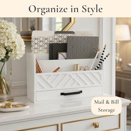 BLU MONACO | Wooden Mail Organizer with Drawer | Mail Organizer Countertop with 6 Compartments | Bill Holder for Desk | White Desktop Mail Sorter