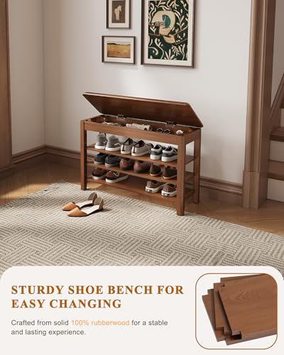 Shoe Rack Bench Seat Rubberwood 3-Tier Wooden Storage Bench 550lbs Compact Mid-Century Modern Design for Entryway, Hallway, Closet, Front Door Entrance, Foyer