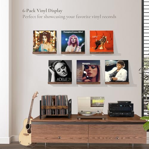 Vinyl Record Shelf Wall Mount, Pack of 6 Floating Shelves for Wall | 12 inch Wooden Album Record Holder Display for Wall, Magazine Rack, Kids Bookshelf for Bedroom, Living Room, Rustic Brown