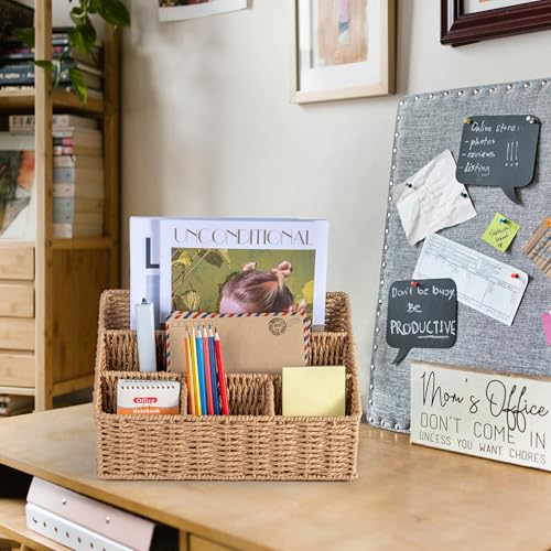 Rattan Desk Organizer, Tabletop Mail Holder, 5 Slot Mail Organizer Countertop Basket, Rattan Office Supplies, Boho Office Desk Accessories, Wicker Desk Organizer, Magazine Holder（Wicker）
