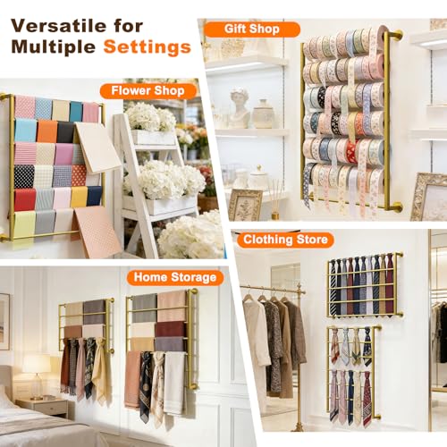 Wall Mounted Scarf Rack, Hijab Hanger Organizer (Gold, 10T-23.6×47.2IN) | Gold Metal Silk Scarves Racks Wrapping Tissue Paper Ribbon Holder Towels Storage Display for Flower Shop Retail Store